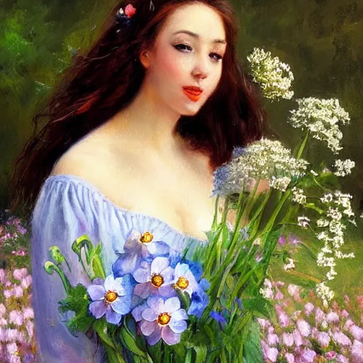 Image similar to a portrait of a romantic woman with flowers grow out of hair, roses peonies forget-me-nots dahlias lupins gladioli, sky theme in background, by Alexandr Averin, Digital Art, Trending on artstation