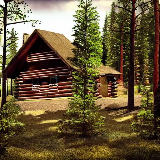 Prompt: log cabin in the forest, mountain behind log cabin, realistic, cinematic, detailed