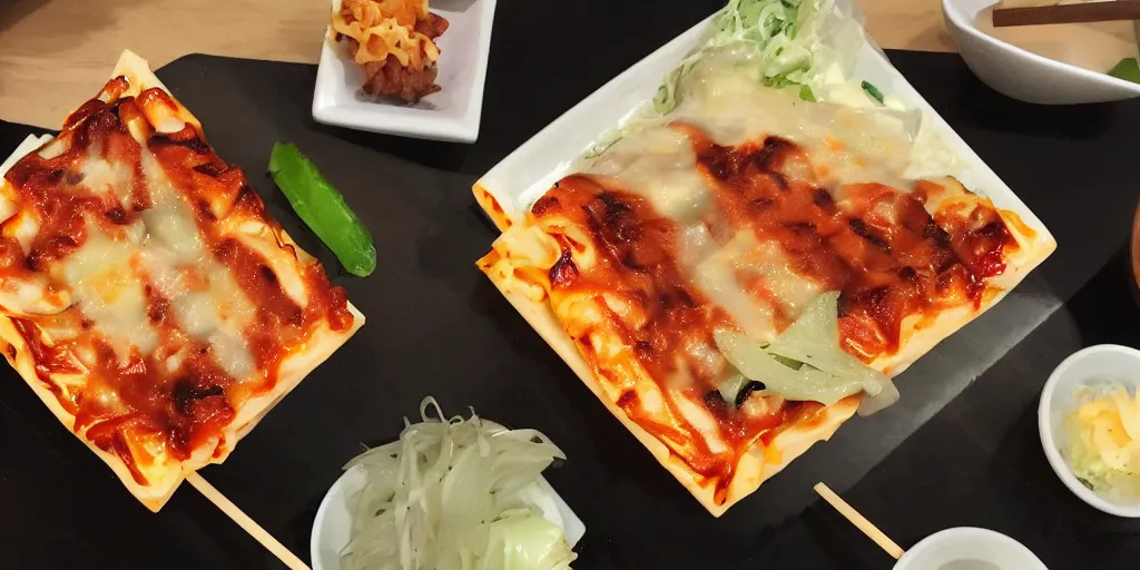 Image similar to japanese fusion cuisine, yakitori lasagna