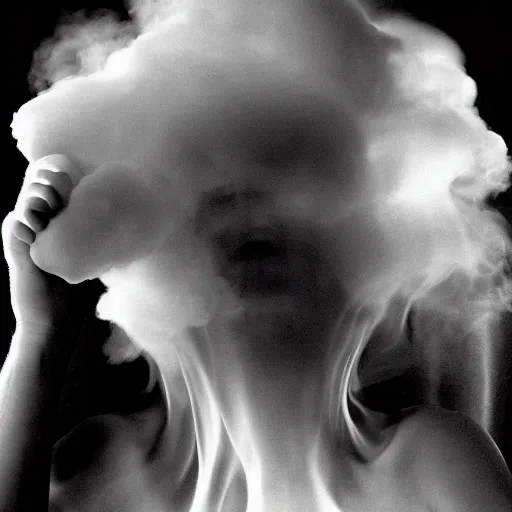 Prompt: a man who's head is turning into a puff of smoke, annie liebowitz, black and white