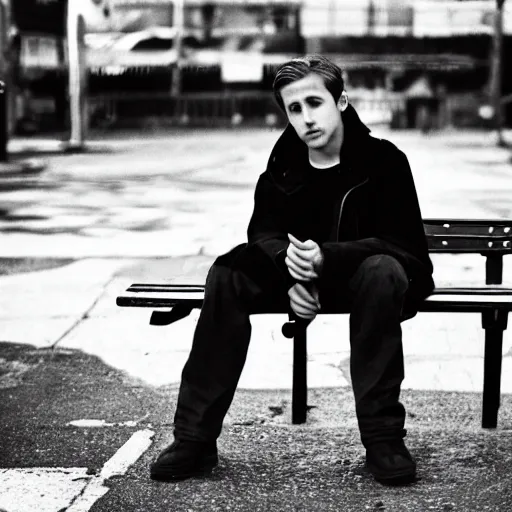 Prompt: photo of teenage ryan gosling sitting on a bench in a alley, wearing jacket, two crutches near bench, fullbody, street of moscow, shallow depth of field, cinematic, 8 0 mm, f 1. 8