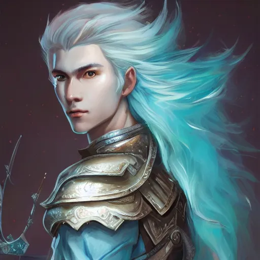 Prompt: half length portrait of a handsome male snow elf in a turquoise cape and silver ornate armour as an archer, albino skin, winter vibes, perfect face, elegant, very coherent symmetrical artwork, atmospheric lighting, rule of thirds, by wenjun lin, krenz cushart, charlie bowater, trending on artstation