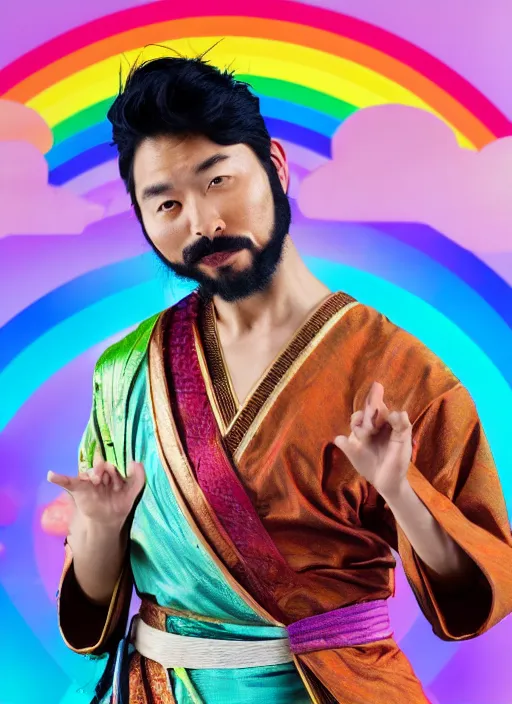 Image similar to japanese man with short hair and a beard wearing a native indian outfit, dancing next to a rainbow, full body portrait, dynamic lighting