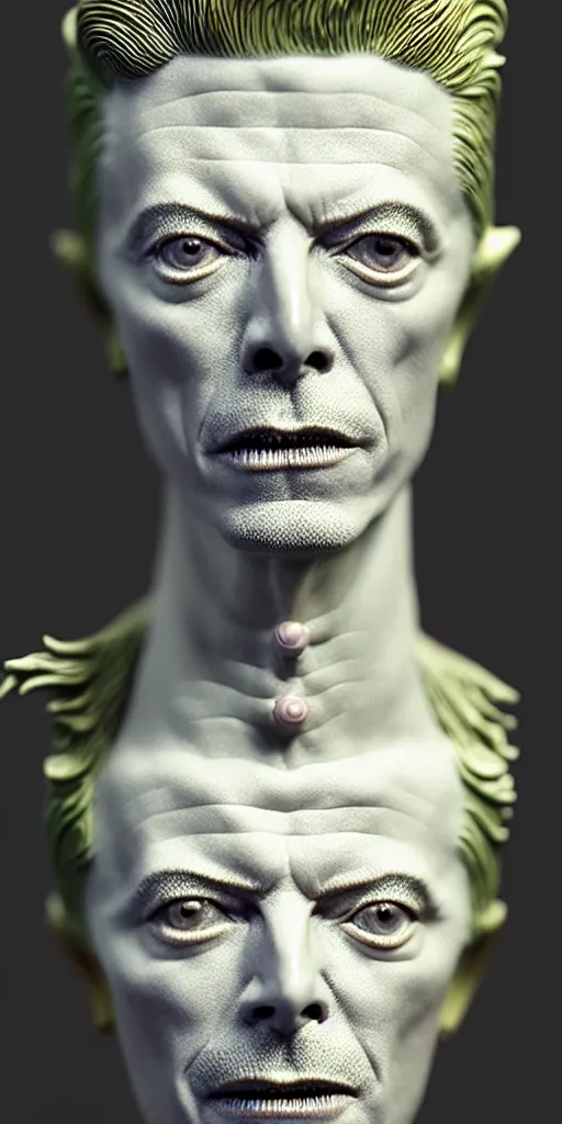 Image similar to David Bowie , A Close up photo-real delicate ceramic porcelain sculpture of a symmetrical ornate detailed in front of an intricate background by Victo Ngai and takato yamamoto, micro detail, backlit lighting, face in focus, subsurface scattering, translucent, thin porcelain, octane renderer, colorful, physically based rendering, japanese pottery, trending on cgsociety