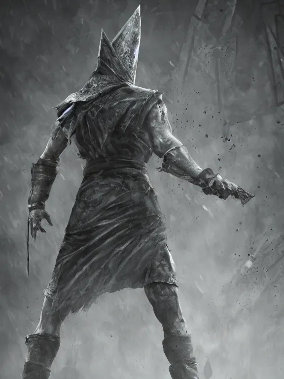 Prompt: Pyramid Head from Silent Hill on a fighting stance, splash art, riot games, mixed media, digital art, trending on artstation, 8k, epic composition, highly detailed, AAA graphics