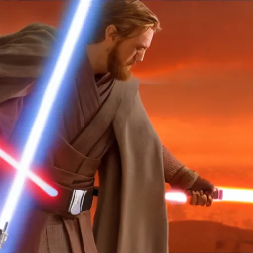 Prompt: Obi-Wan Kenobi surrendering to Anakin Skywalker on Mustafar by the lava, Anakin is pointing a blue lightsaber at him, cinematic lighting, photorealistic, 4k, very highly detailed