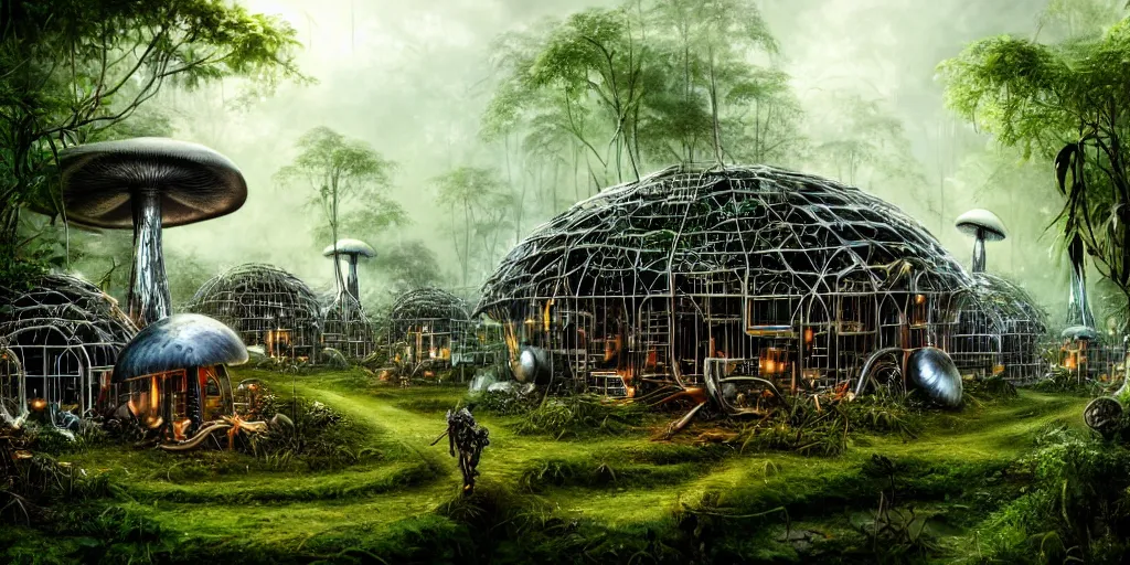 Prompt: a clearing in the jungle reveals a chrome metal village full of mushroom houses, matte oil painting, cybernetic, science fantasy, retrofuturistic, biblical, rpg, queer, pride, epic, extremely detailed, sharp focus, 4 k