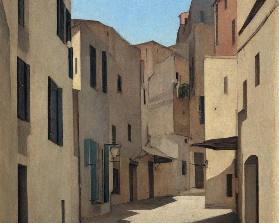 Prompt: a quaint, narrow italian street by hopper