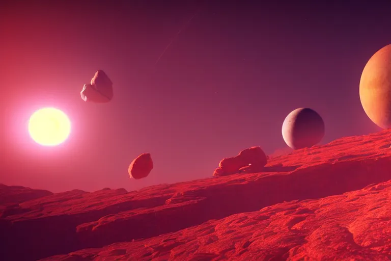 Prompt: a desert world planet with a crashed spaceship. 3 moons in the sky. hyper-realistic photo artistic trending on artstation beautiful scenic octane render reddish hue highly detailed, 8k, epic composition