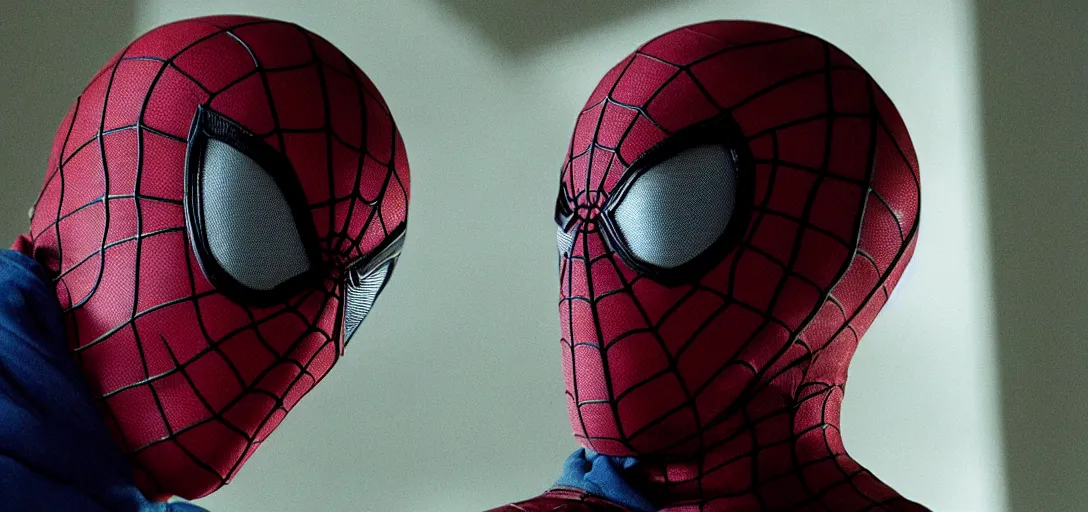 Image similar to Jesse Pinkman as Spider-Man, film still, wide-shot, full shot, cinematic lens, heroic portrait