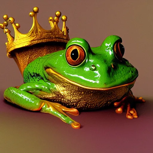 Prompt: a cute frog wearing a golden metal crown, by esao andrews, by m. w. kaluta, volumetric light, rich colors, very humorous oil painting, realistic reflections, smooth, concept art, depth perception, high depth of field, 4 k, unreal engine 5, ultradetailed, hyperrealistic, artstation