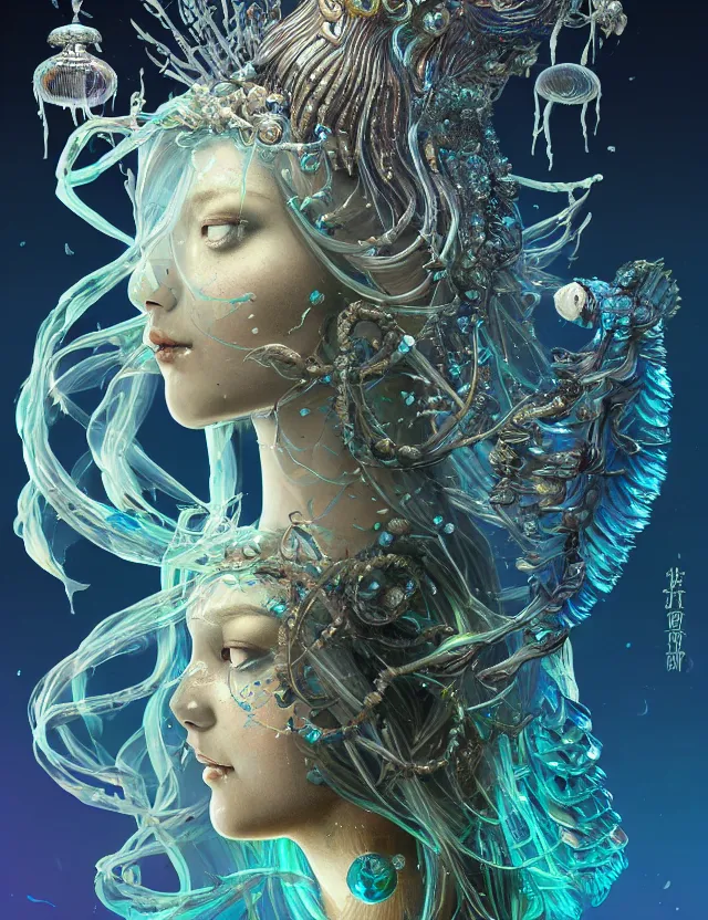 Image similar to goddess macro shouler portrait from bottom to top in crown made of ram skull. betta fish, jellyfish phoenix, bioluminiscent, plasma, ice, water, wind, creature, super intricate ornaments artwork by tooth wu and wlop and beeple and greg rutkowski