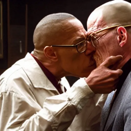 Prompt: walter white kissing gus fring