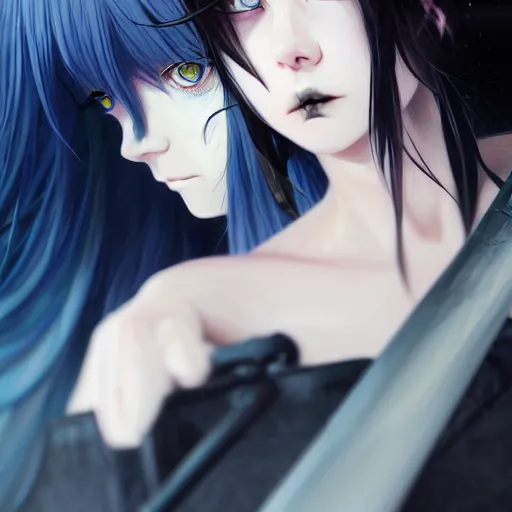 Image similar to two amber colored eyes, long blue - haired girl, bangs, gothic, anime character, noir, screenshot, anime, sharp focus, intricate, illustration, cell shaded, digital painting, highly detailed, concept art, matte, art by ilya kuvshinov, wlop, greg rutkowski, studio quality, james jean, artem demura