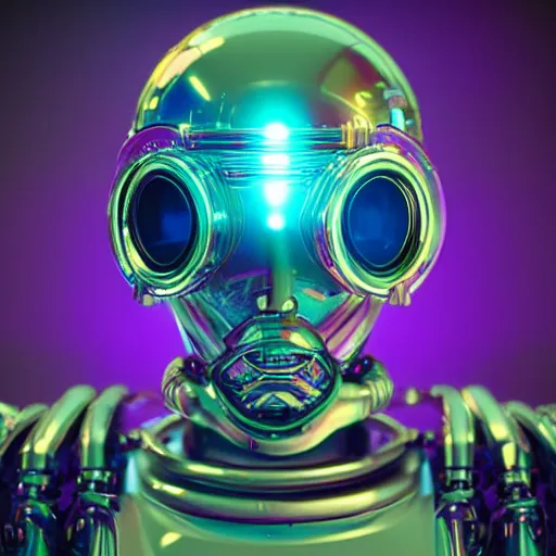 Prompt: a chrome maya steampunk spaced out futuristic robot head wearing trippy brain sensors, 8 k, front shot, symetrical, flourescent colors, halluzinogenic, multicolored, insanely detailed, front shot, 3 d render, octane