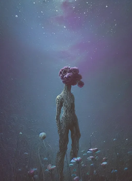 Prompt: detailed, intricate blue black and purple papaverum flower on the field, nebula, galaxy in the sky, winning award masterpiece, fantastically beautiful, illustration, aestheticly inspired by beksinski and dan mumford, upscale with simon stalenhag work, artstation, 8 k