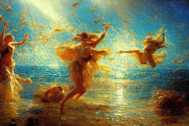 Image similar to portrait of goldfishes swarming the ocean. shadow and light. rays of light. energetic, dynamic, lively, detailed, intricate, complex. fine art by gaston bussiere.