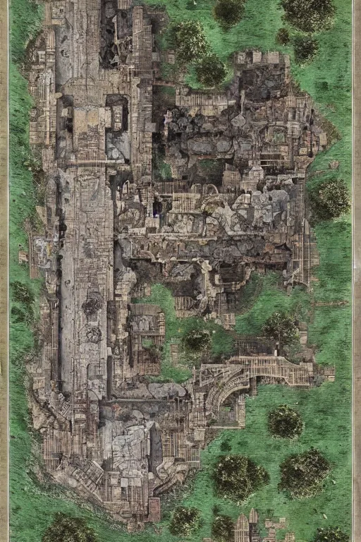 Image similar to full - color fantasy floor plan map of a ruined temple, 8 k, sharp details, highly detailed, bold edges, by greg rutkowski and james gurney, trending on artstation