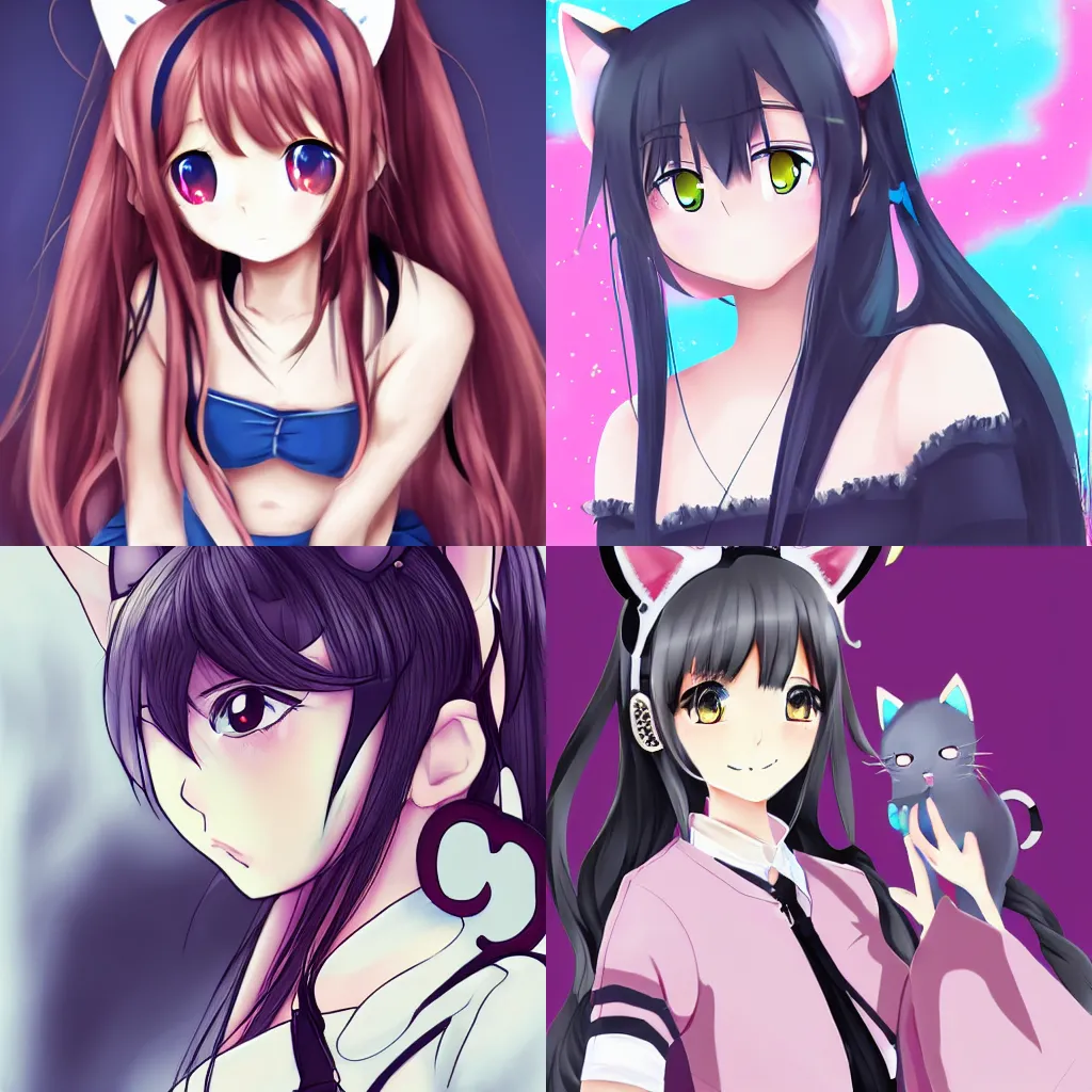 Prompt: anime girl portrait with cat ears, trending on pixiv