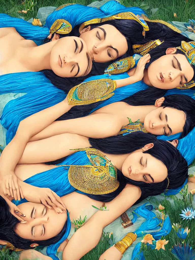 Prompt: beautiful female ancient Egyptian goddesses lying down asleep together next to the river Nile, blue lotus flowers grow around them as they sleep peacefully, intoxicated by the perfume, by Alessio Albi, painted by Artgerm