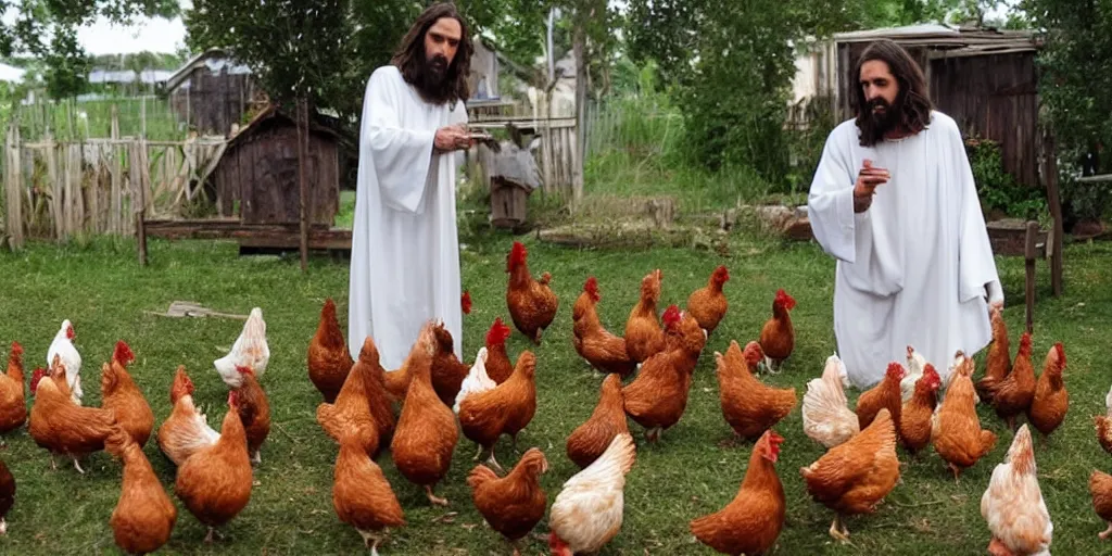 Image similar to Jesus is feeding the chickens