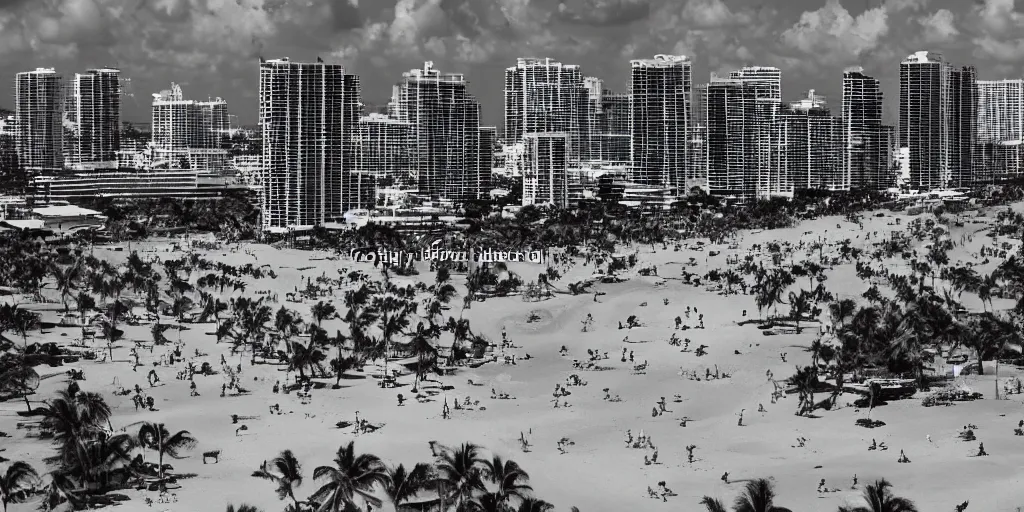 Prompt: wide - angle view of an alien invasion at the shores of miami beach.