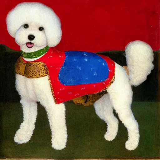 Image similar to bichon frise dog wearing a jester costume while standing on hind legs, medieval painting