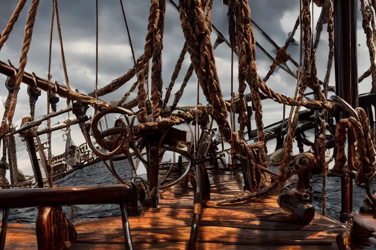 Image similar to closeup product shot kraken rum on an old pirate ship, by emmanuel lubezki