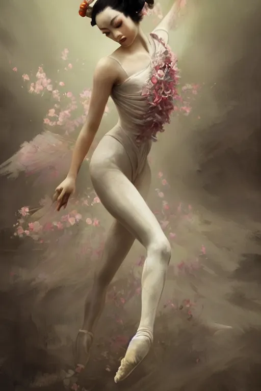 Image similar to geisha prima ballerina, gorgeous, ethereal, intricate, elegant, volumetric lighting, scenery, digital painting, highly detailed, artstation, sharp focus, illustration, concept art, ruan jia, steve mccurry