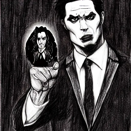 Prompt: a vampire in a suit and tie from chicago, character portrait, detailed ink drawing, black and white, 9 0 s vibe, concept art by tim bradstreet