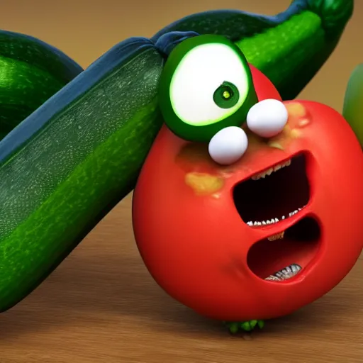 Prompt: detailed 3 d render of an angry zucchini character with a bloody knife in his hand, chasing after a tomato figure scared to death, hyper realistic octane render, dramatic scene, nightmare, surrealism, pixar, disney, cartoon