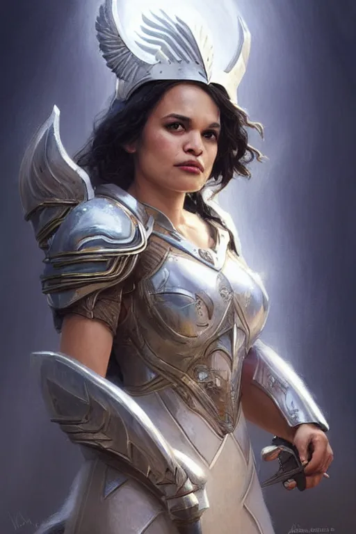 Image similar to norah jones as an valkyrie with white glowing armor, d & d, fantasy, portrait, highly detailed, headshot, digital painting, trending on artstation, concept art, sharp focus, illustration, art by artgerm and greg rutkowski and magali villeneuve