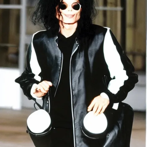 Image similar to a portrait of michael jackson wearing a long black coat & wearing a backpack