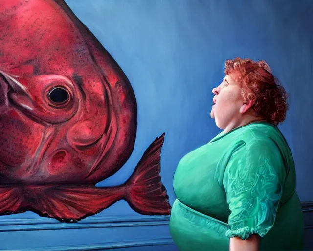 Image similar to an innocent and beautiful scene in hyper realistic style, about an fat old woman, wearing black lace jumpsuit, and painting a huge colorful fish on the wall, lighting from the barred window. shadows. 4 k. wide angle. wild. red mouth, blue eyes. deep focus, lovely scene. ambient occlusion render. unreal engine.