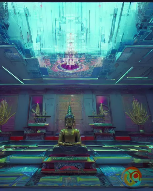 Image similar to buddhist cyber punk temple in the style of andree wallin, vitaly bulgarov, ambient lighting, unreal engine 5, neon light