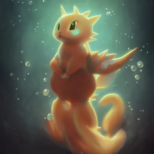 Image similar to cinematic portrait of beautiful Mew Pokemon on blue bubble, oil on canvas, masterpiece, trending on artstation, featured on pixiv, cinematic composition, dramatic pose, beautiful lighting, sharp, details, hyper-detailed, HD, HDR, 4K, 8K