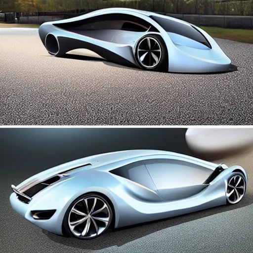 Image similar to a new car design that has a undercarriage swoops like a dolphin's belly. this reduces drag, or the force of air flowing against the motion of the vehicle. is curved at the nose, wide along the sides and tapered toward the trunk like a small, speedy aircraft. - n 9