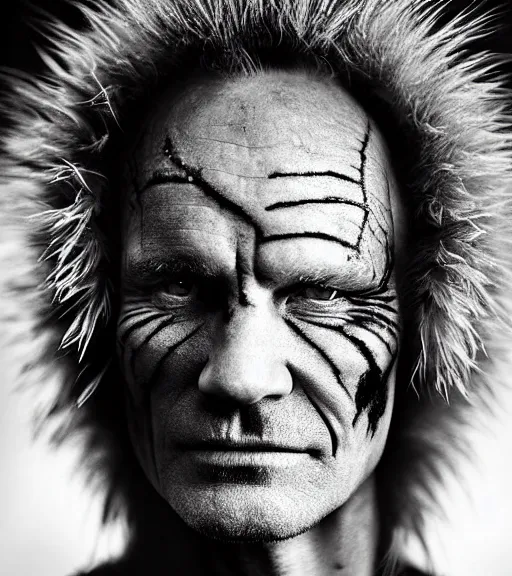 Prompt: Award winning Editorial photograph of sting as Early-medieval doge-orc with incredible hair and fierce hyper-detailed eyes by Lee Jeffries and David Bailey, 85mm ND 4, perfect lighting, a heart-shaped birthmark on the forehead, dramatic highlights, wearing traditional garb, gelatin silver process