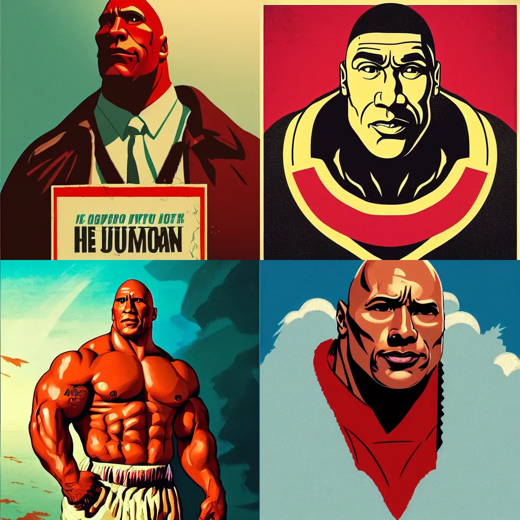 Prompt: communist Propaganda poster Dwayne The Rock Johnson by moebius and atey ghailan by james gurney by vermeer by George Stubbs full body trending on artstation vector art ornate inspirational