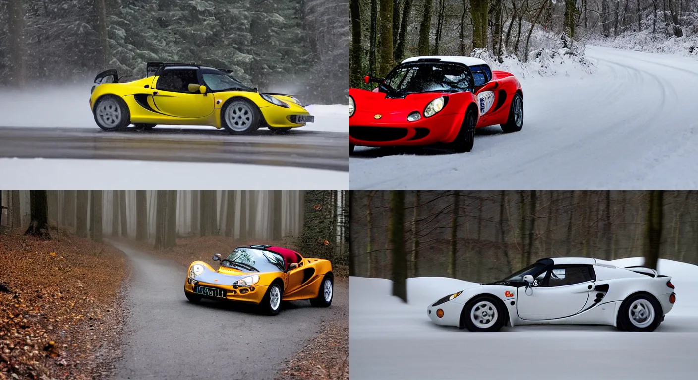 Prompt: a 1 9 9 9 lotus elise sport 1 9 0, racing through a rally stage in a snowy forest