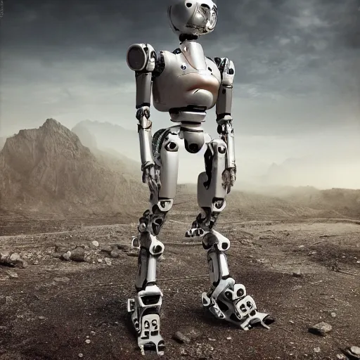 Prompt: A large humanoid robot, full body, facing forward, bleak tone, post apocalyptic, Nuttavut Baiphowongse, Mark Armstron, amad, rendered by octane, 8k, ultra 8k, hyper realistic, photorealistic, photo