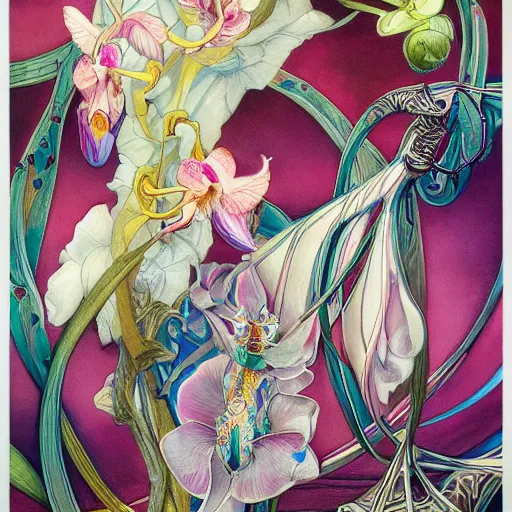 Image similar to majestic colorful orchid mantis enamel by leon bakst and yoshitaka amano, beautiful hyperdetailed art nouveau orchids, james jean, amanda sage