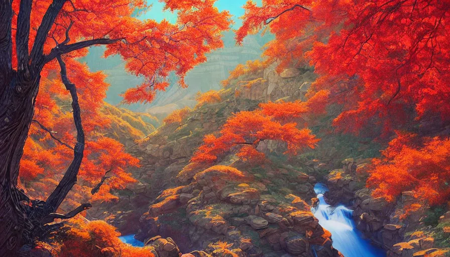 Image similar to single red maple tree growing in grand canyon, stream, tristan eaton, victo ngai, artgerm, rhads, ross draws, highly detailed, masterpiece