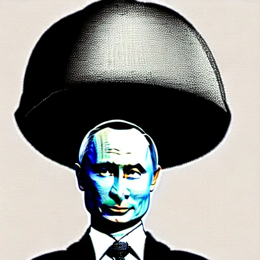 Prompt: vladimir putin wearing a nuclear mushroom cloud blast for a hat, cartoonish, ultra detailed pencil drawing, full perspective