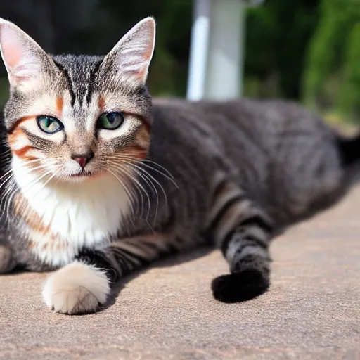 Prompt: peanut the cat is mega floomfed out in the hot sunny weather.