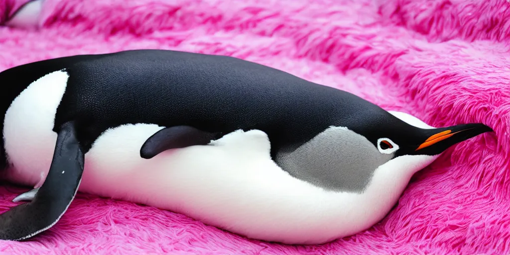 Image similar to realistic penguin sleeping in a pink fluffy bed