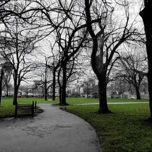 Prompt: a picture of a park that on one side looks vivid and nice, but on the other side dark, dead and gloomy dystopian colored