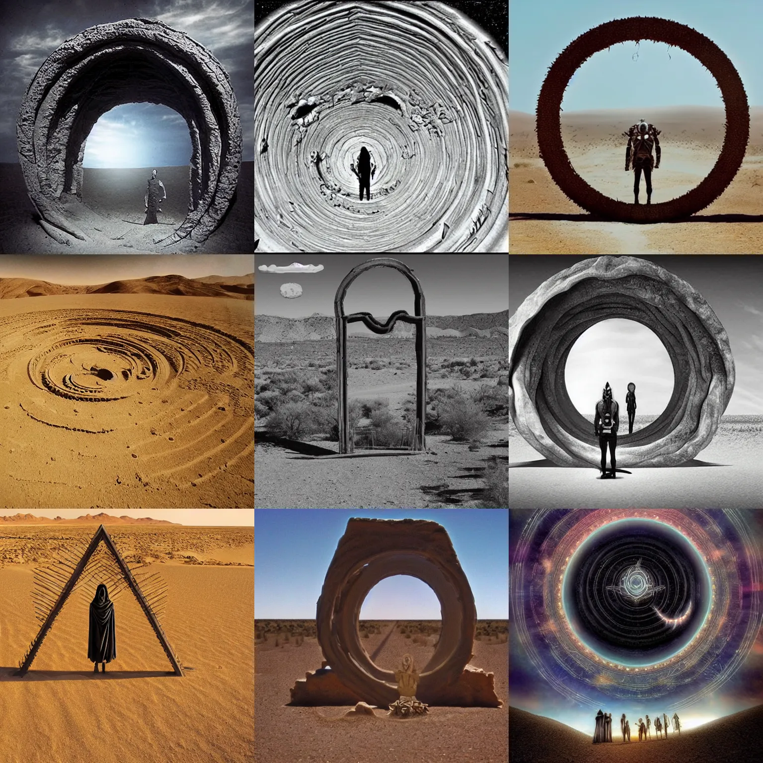 Prompt: stargate standing in desert, is portal to other universe, demonic, dendritic, satanistic sky, spirits coming out of portal, ghosts