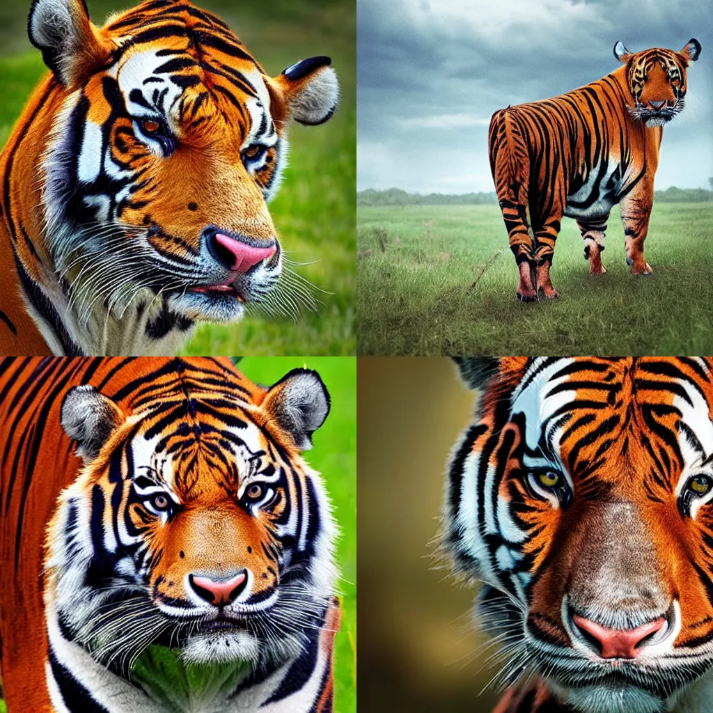 Prompt: a cow with tiger stripes, wildlife photography, hyperrealistic