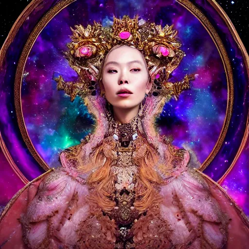 Image similar to a beautiful empress portrait, with a brilliant, impossible striking big cosmic galaxy headpiece, clothes entirely made out of cosmos chaos energy, symmetrical, dramatic studio lighting, rococo, baroque, jewels, asian, hyperrealism, closeup, D&D, fantasy, intricate, elegant, highly detailed, digital painting, artstation, octane render, 8k, concept art, matte, sharp focus, illustration, art by Artgerm and Greg Rutkowski and Alphonse Mucha